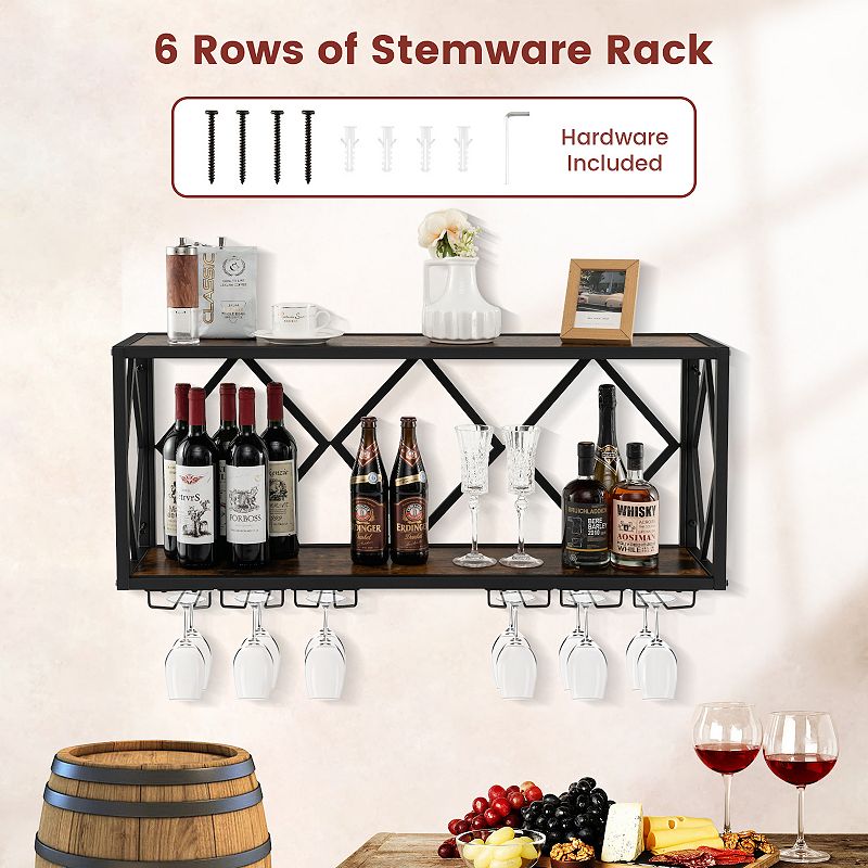 Wall Mounted Wine Rack For 39 Bottles And 12 Glasses