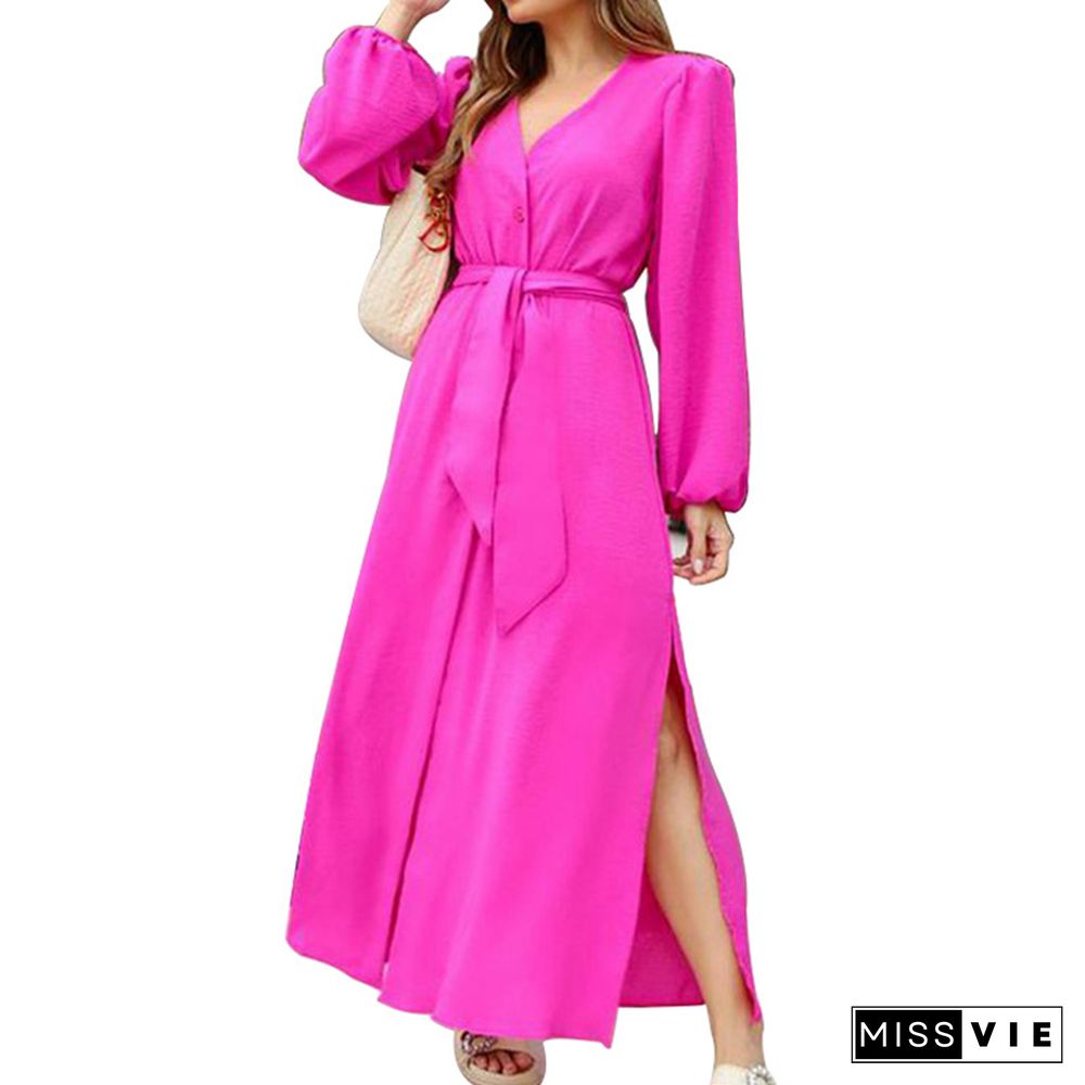 Autumn New Red Rose V-neck Lantern Sleeve Dress Female Elegant A-line Long Slit Dress Bohemian Solid Color Party Girl