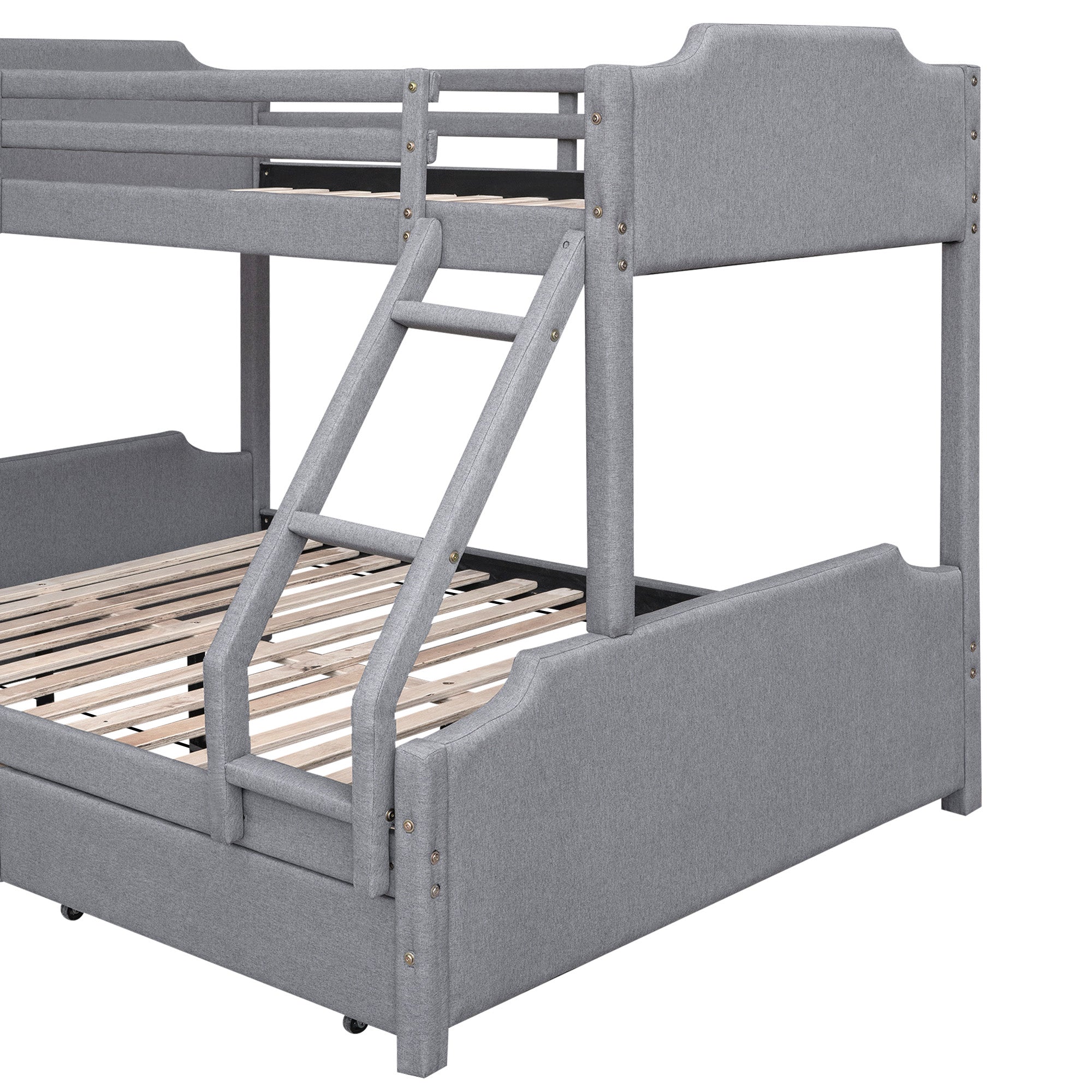 EUROCO Upholstery Twin over Full Bunk Bed with Slide and Drawers for Kids Room, Gray