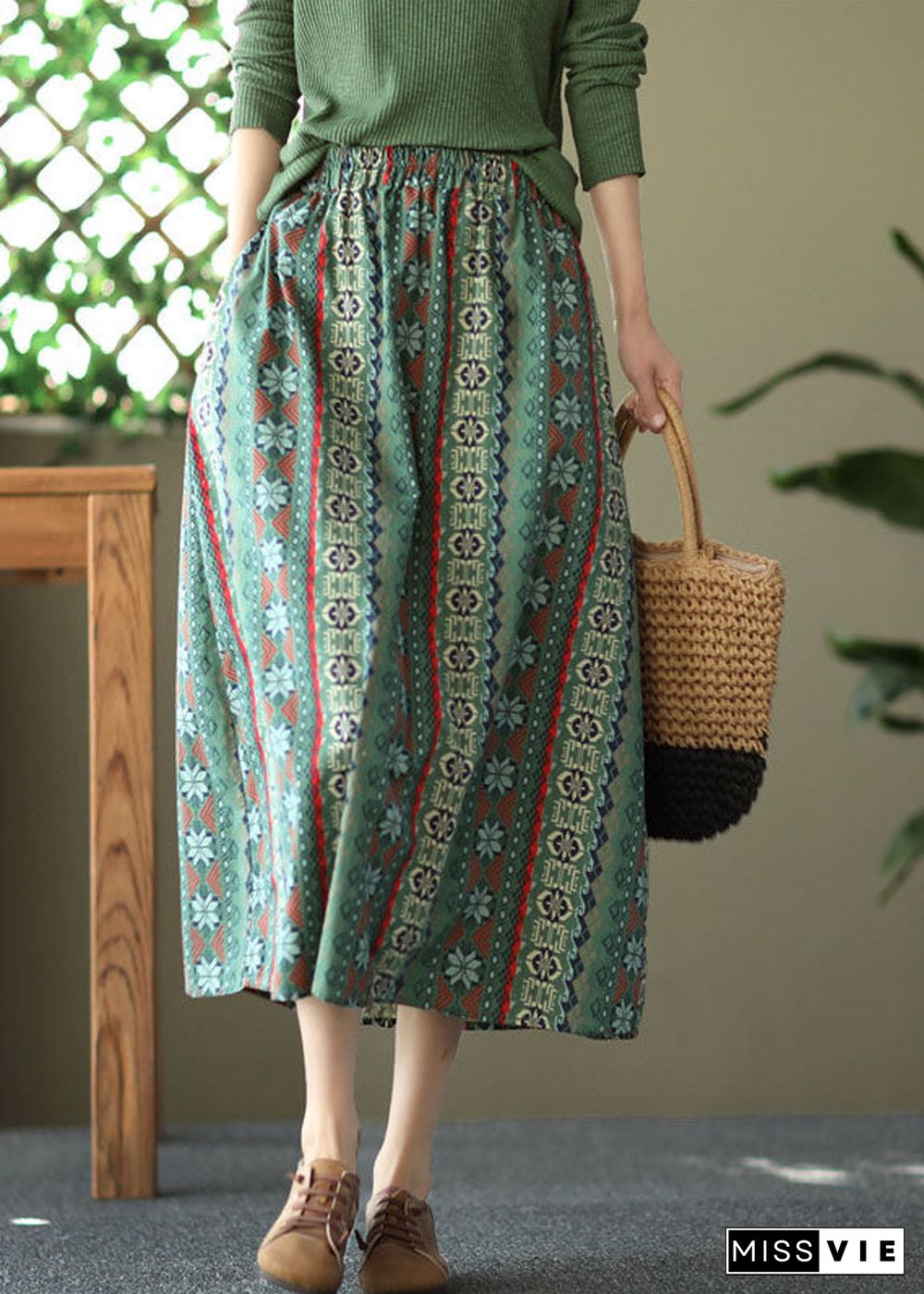 Green Pockets Print Linen Skirts High Waist Summer