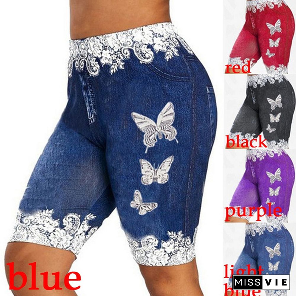 Women Fashion Skinny Casual Denim Jeggings Lace Up ButterflyPrint Shorts Leggings CapriShorts Plus Size S-5XL