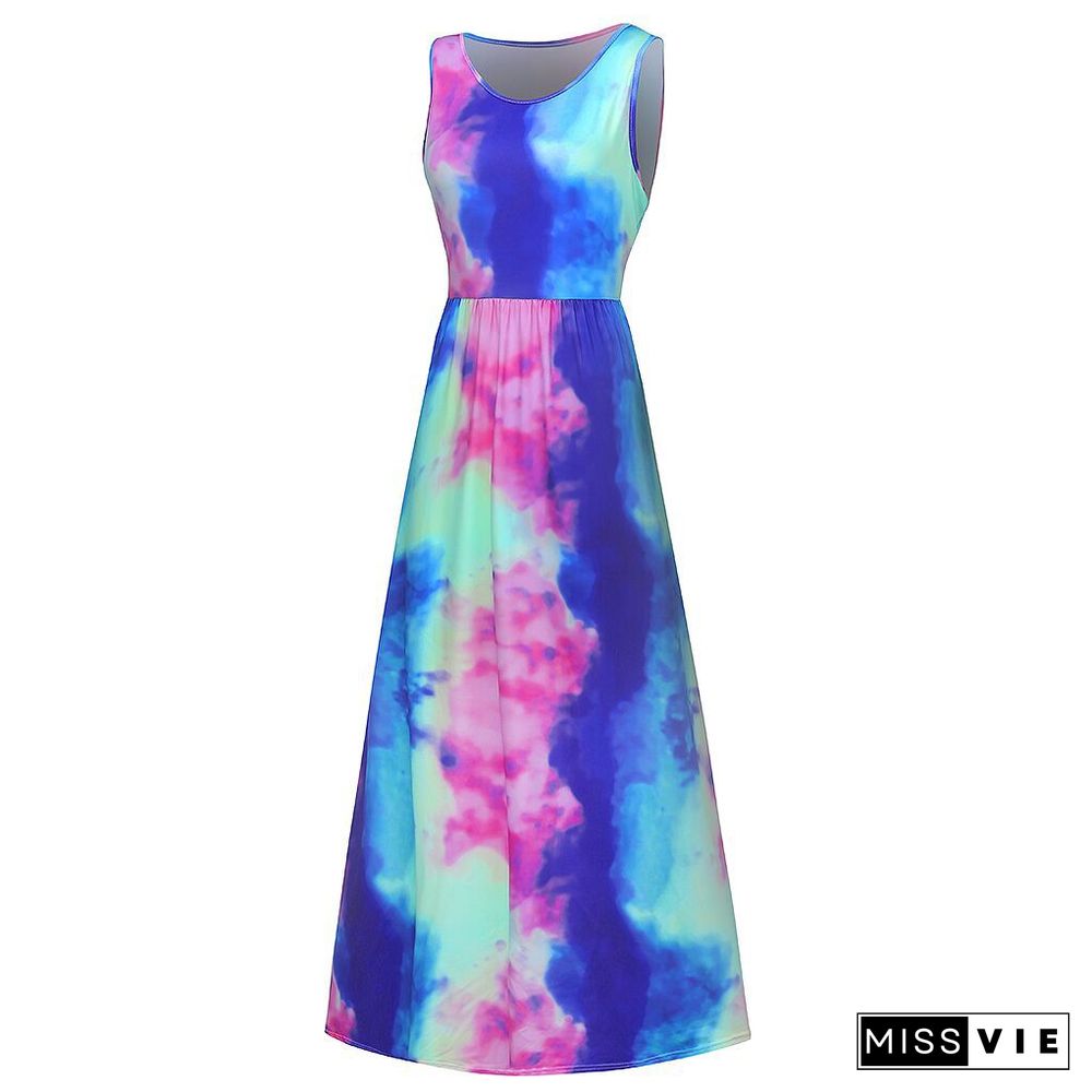 Tie Dye Round Neck Maxi Dress With Pocket