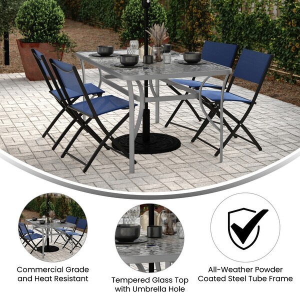 Commercial Tempered Glass and Steel Patio Table with Umbrella Hole