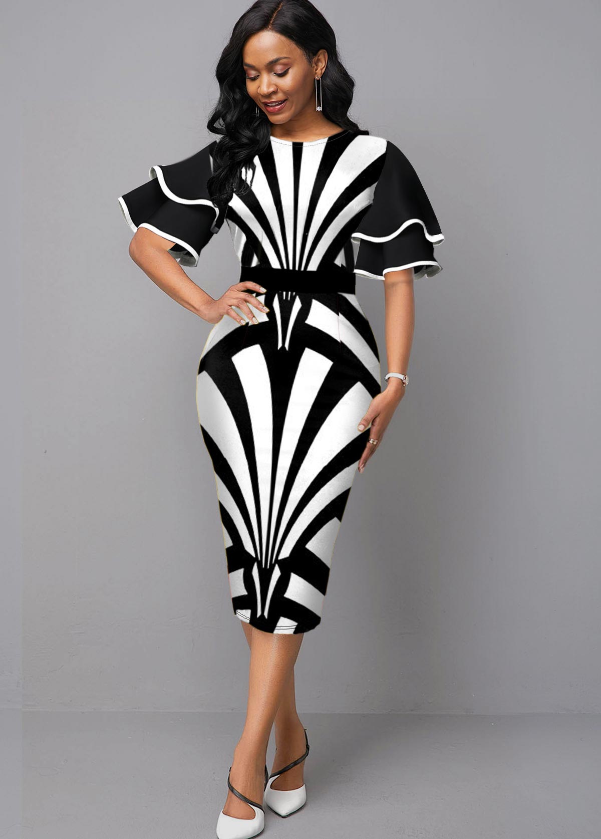 Round Neck Flare Sleeve Color Block Dress