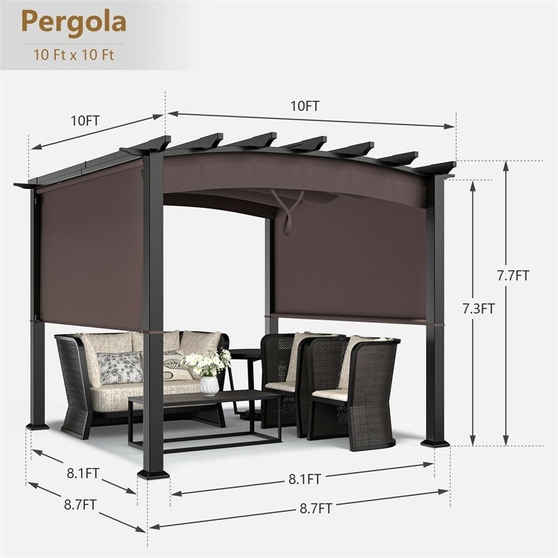 10 x 10 FT Patio Metal Pergola with Retractable Canopy Heavy-Duty Outdoor Pergola for Deck Backyard Garden