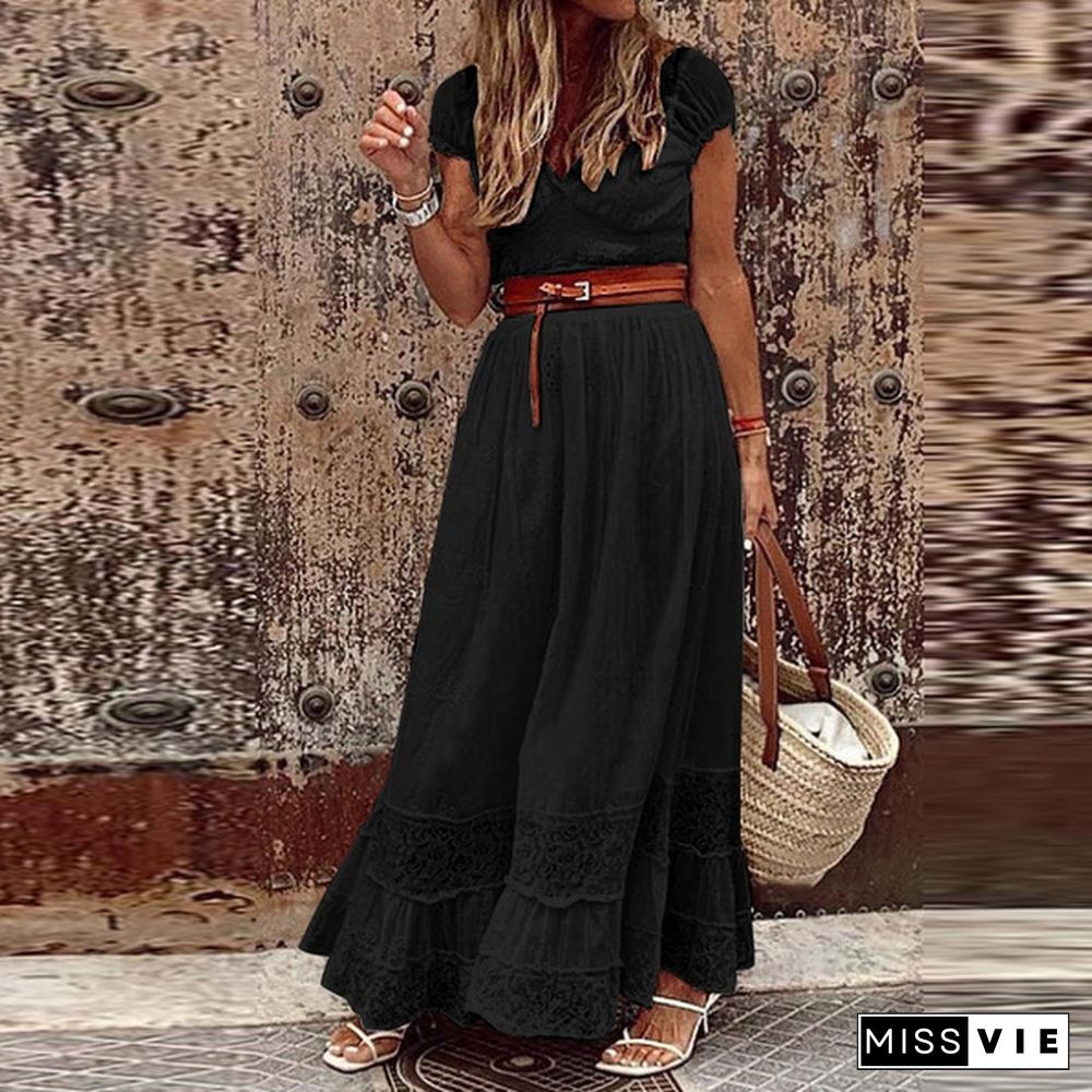 Fashion Women Casual Dress Short Sleeve V Neck Solid Color Cotton Maxi Dress Lace Patchwork Holiday Beach Sundress Plus Size