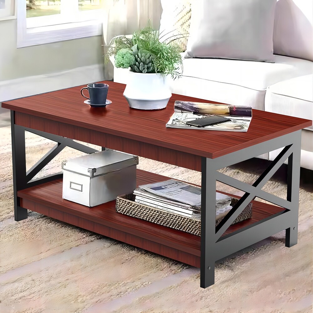 Wood 2 Tier Coffee Table End Table with Storage Shelf