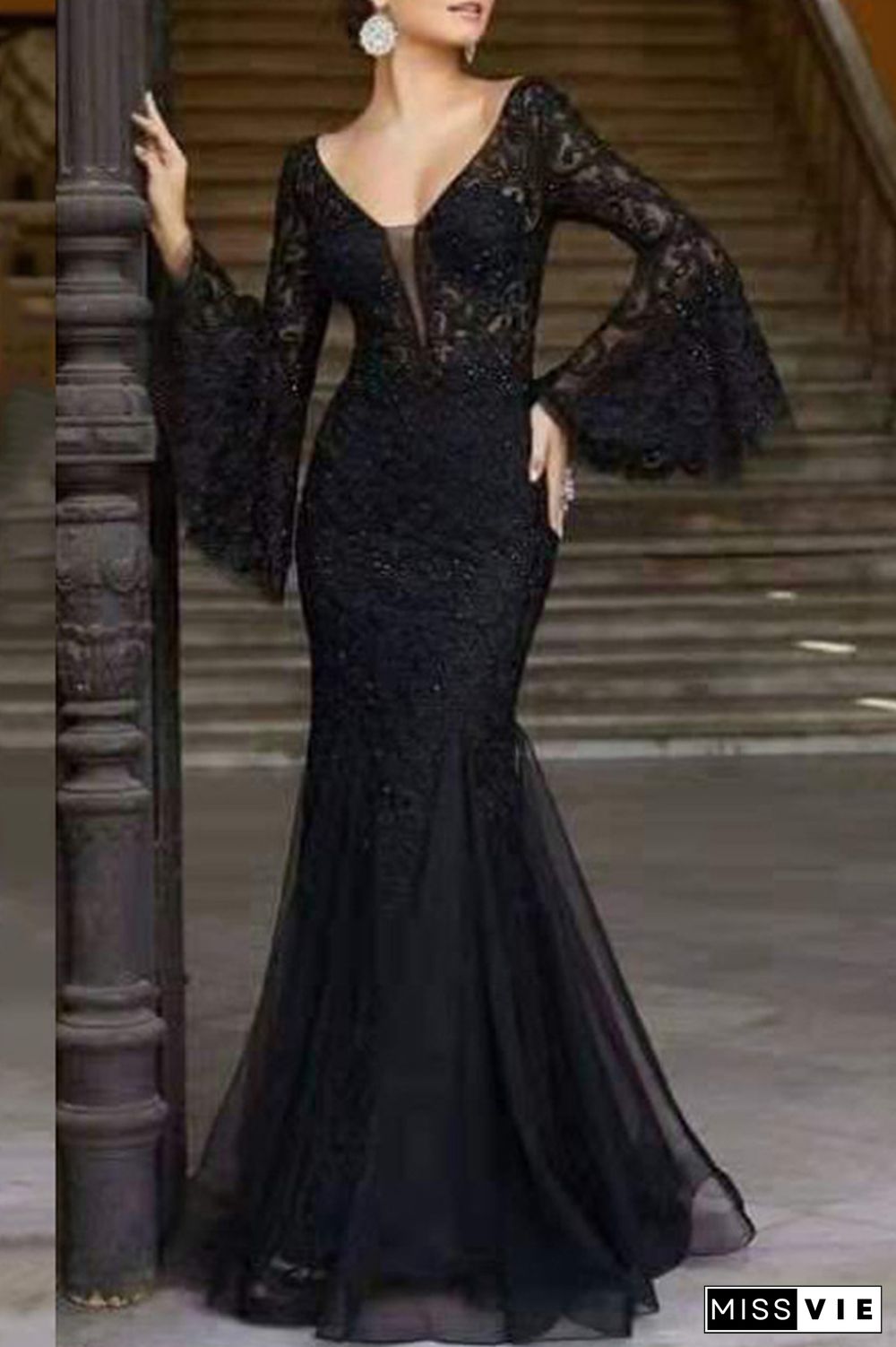 Elegant Formal Solid Embroidered V Neck Evening Dresses