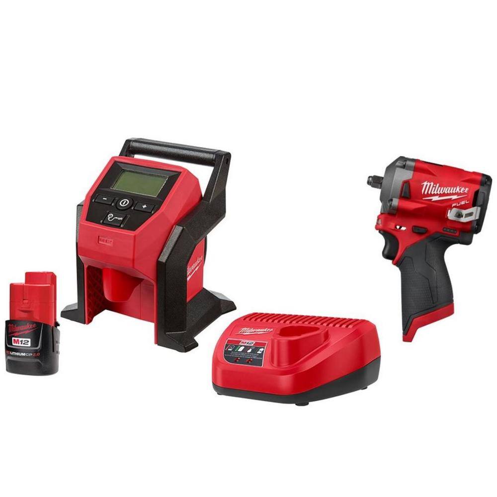 MW M12 Cordless Inflator w2.0 Ah Battery and Charger with M12 FUEL Brushless Cordless Stubby 38 in. Impact Wrench 2475-21CP-2554-20