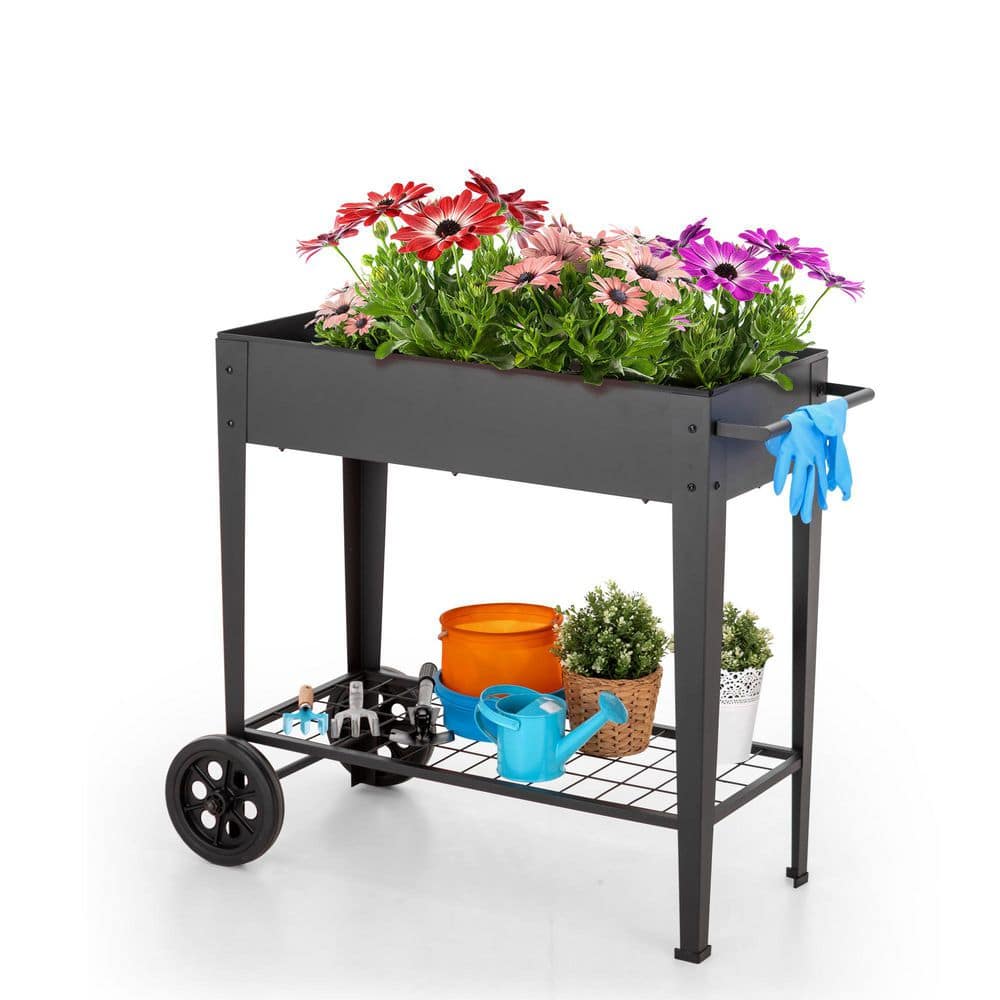 PHI VILLA Steel Elevated Garden Bed Raised Planter Box With Shelf and Wheels in Black THD-PV-430-B