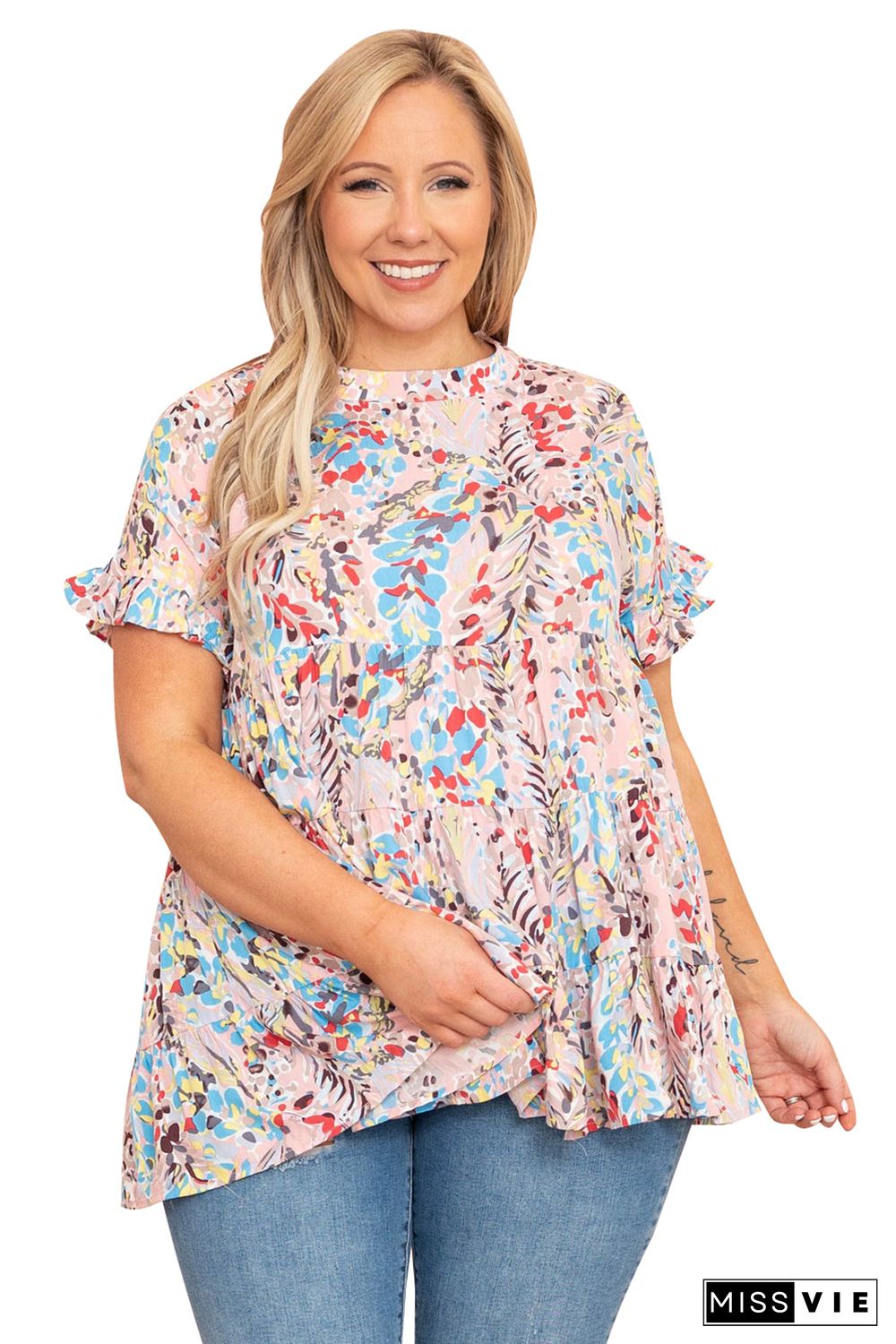 Pink Floral Print Tiered Ruffled Plus Size Blouse