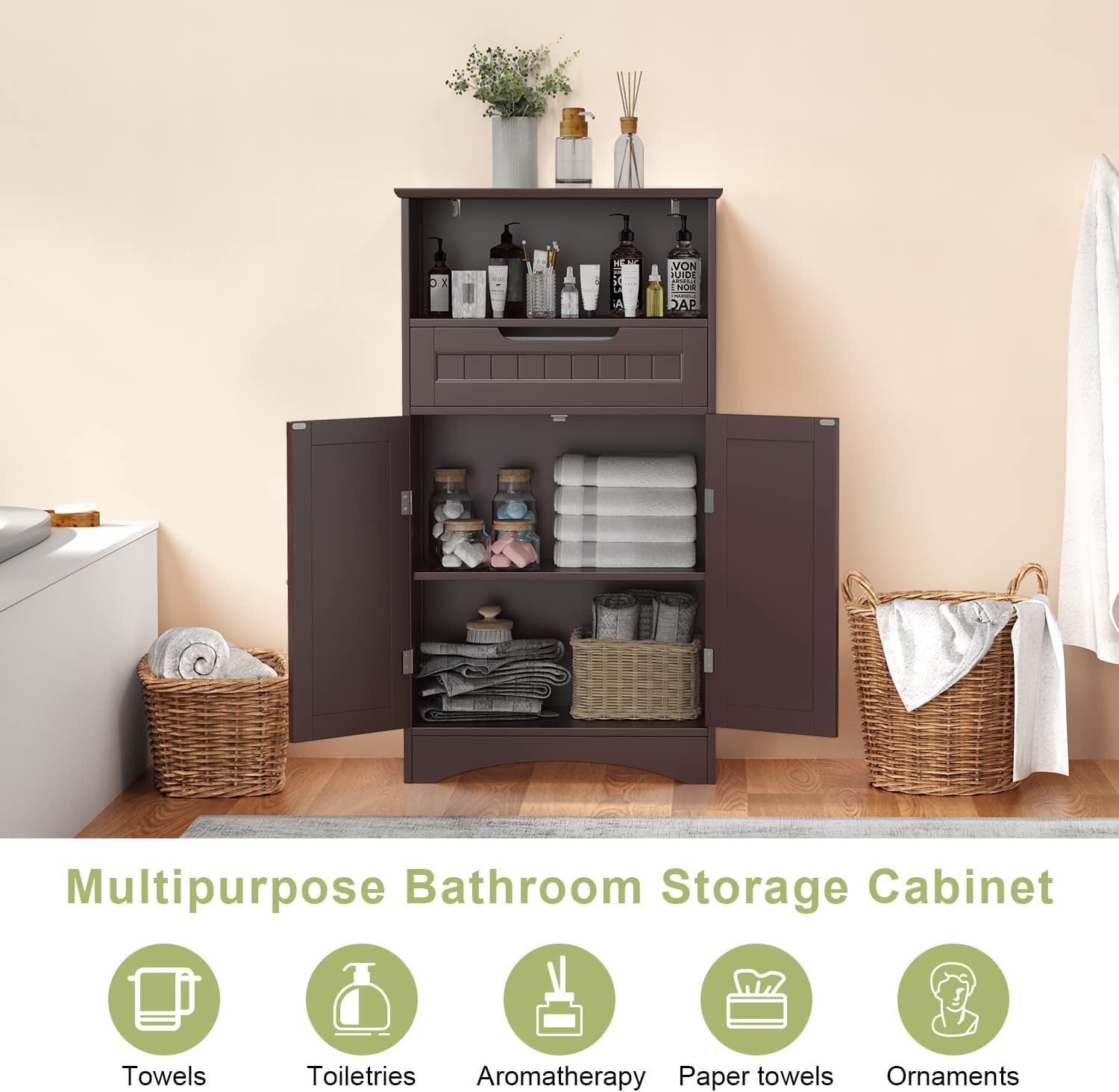 Aiho Bathroom Storage Cabinet with Drawer and Door, Dark Brown