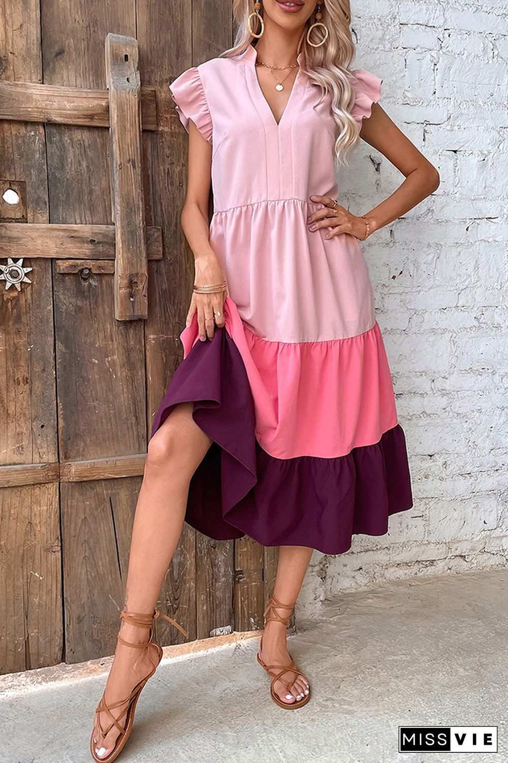 Pink Color Block Flutter Sleeves Tiered Maxi Dress