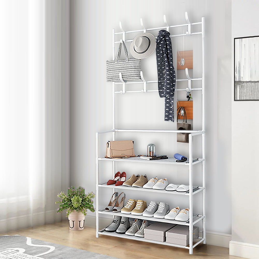 4-Tier Freestanding Coat Rack 3 in 1 Entryway Coat Rack with Shelf Modern Storage Rack with 8 Double Hooks For Bathroom Bedroom Living Room and Small Space， White