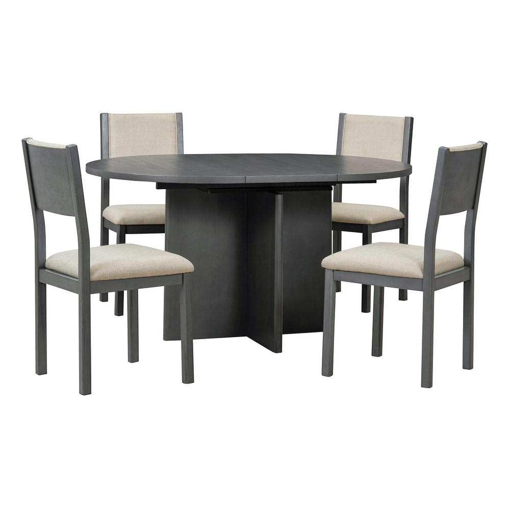 Retro 5 Piece Functional Dining Set with Oval Extendable Dining Table and Upholstered Dining Chairs for Dining Room  Gray