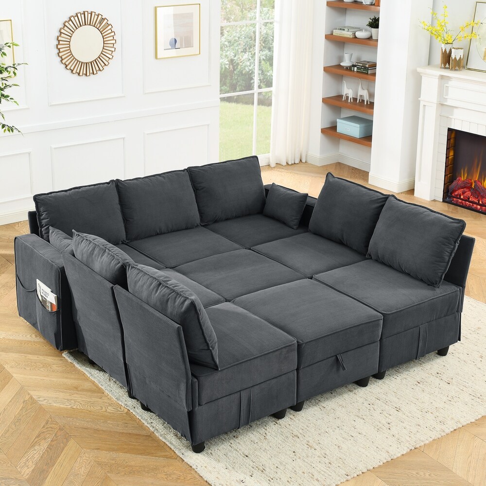 King Size 9 Seater Modular Sectional Sofa  Corduroy Velvet Sleeper Sofa Built in Storage Sofa Set with Side Pocket and Ottoman