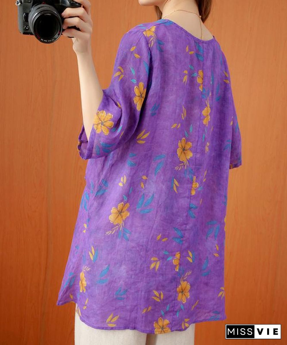 French o neck asymmetric summer top Shirts purple print top