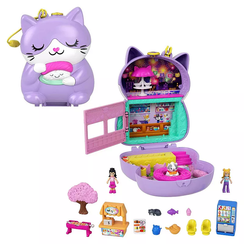 Polly Pocket Sushi Shop Cat Compact Playset With 2 Dolls and 12 Accessories