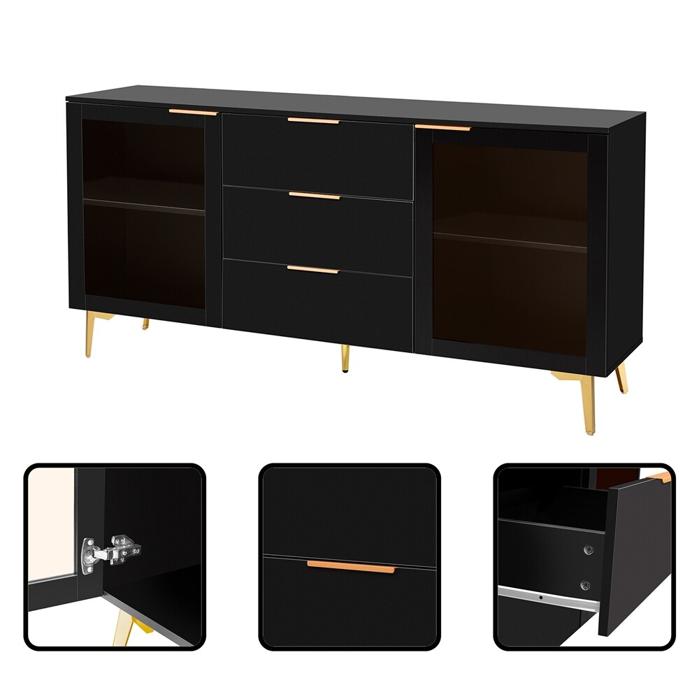 Featured Two door Storage Cabinet with Three Drawers and Metal Handles