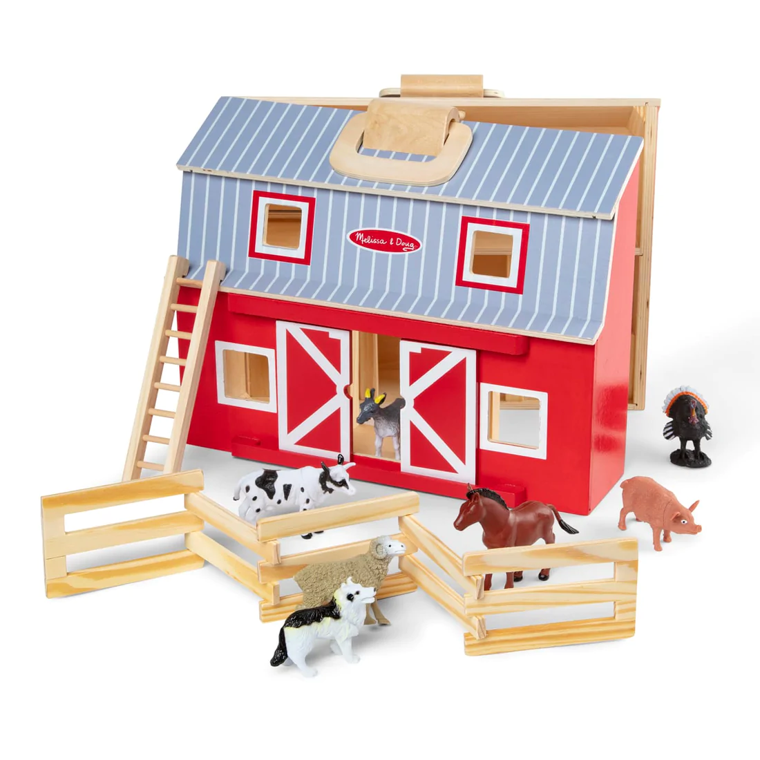 Melissa and Doug Fold and Go Wooden Barn With 7 Animal Play Figures - Farm Animals Barn Toy， Portable Toys， Farm Toys For Kids And Toddlers Ages 3+