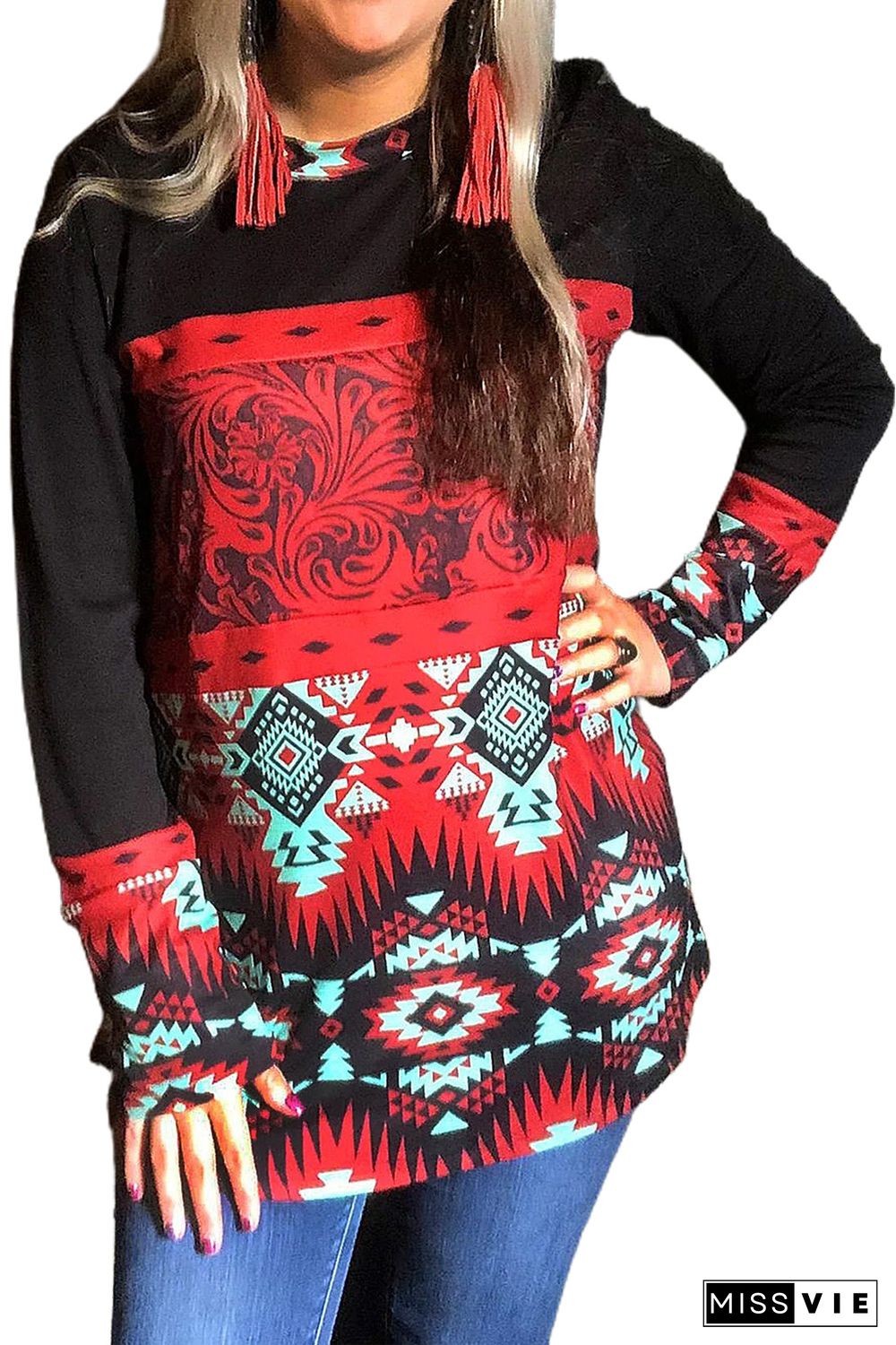 Crew Neck Aztec Print Splicing Long Sleeve Pullover Sweatshirt