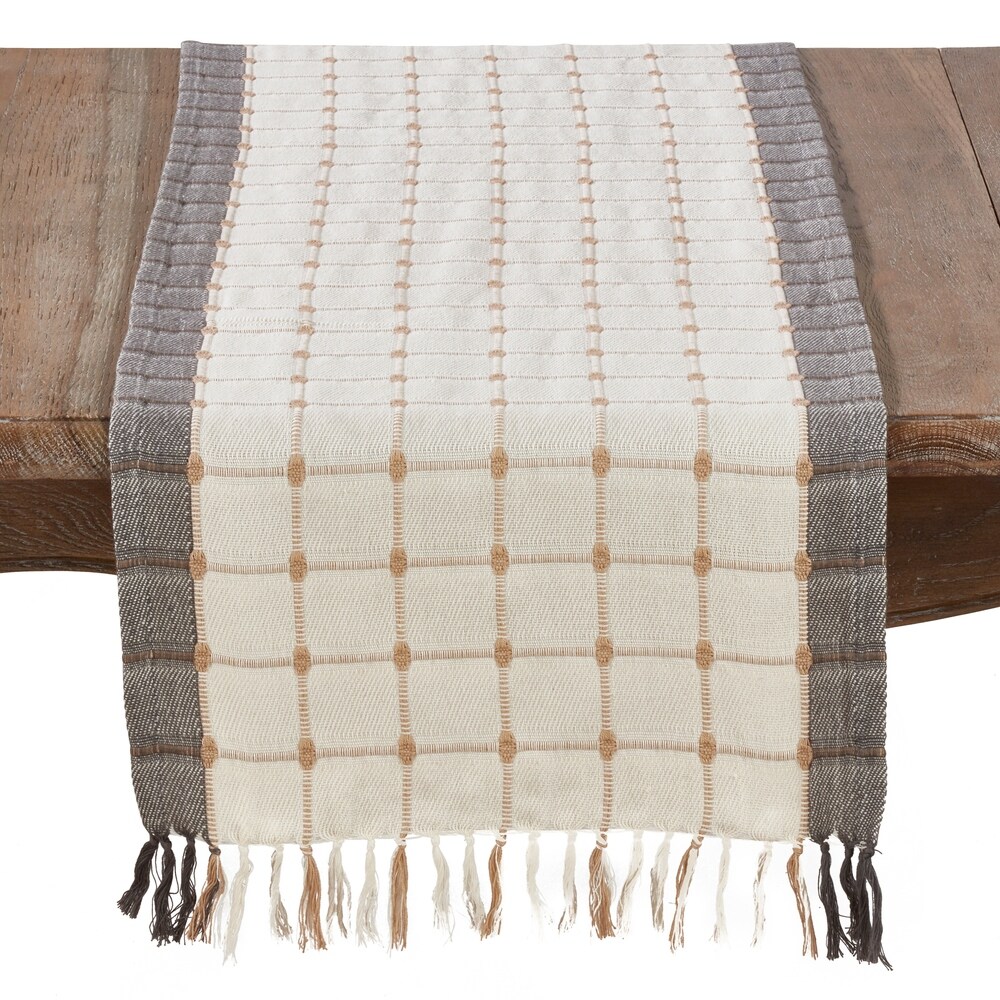 Woven Windowpane and Tassel Design Cotton Table Runner