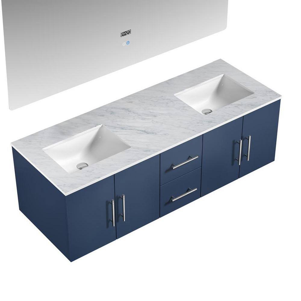 Lexora Geneva 60 in. W x 22 in. D Navy Blue Double Bath Vanity Carrara Marble Top and 60 in. LED Mirror LG192260DEDSLM60