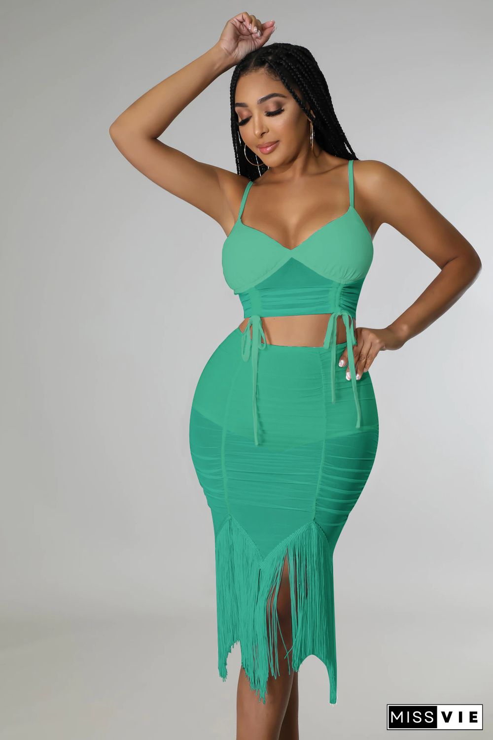 Camisole Crop Top Ruched Sheer Mesh Tassel Skirts Set