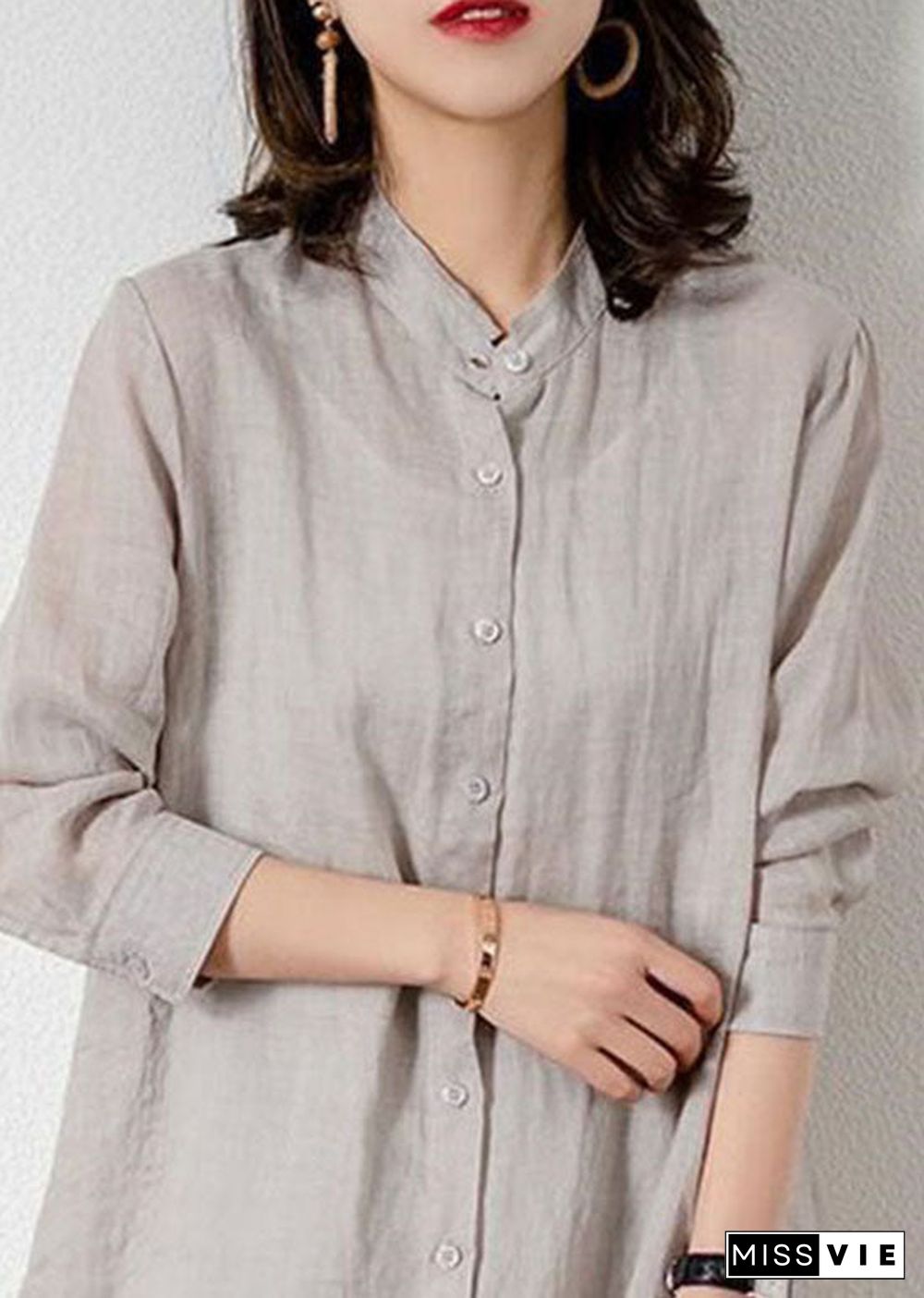 Grey Patchwork Linen Blouses Button Bracelet Sleeve