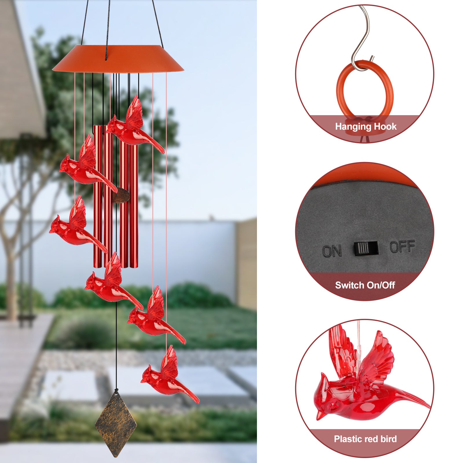 Cardinal Bird Solar Wind Chimes， TSV LED Red Tubes Wind Belles with S Hook for Outside， IP65 Water and Moisture-Proof for Patio Garden Home， Memorial Gift Decor