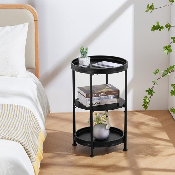 Round Industrial Sofa Table with 3 Storage Shelves，Black