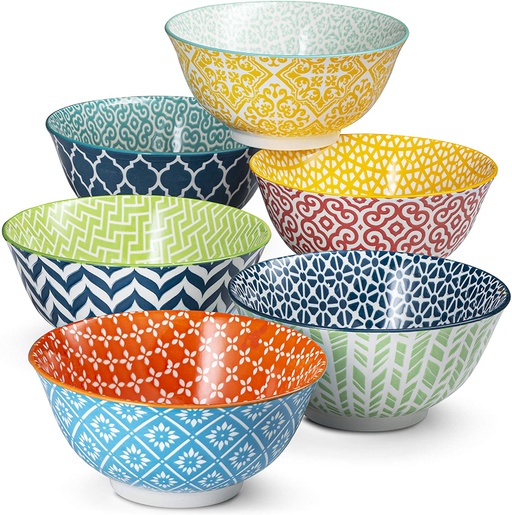 Kook Cereal Bowls Ceramic Designs，18 Oz， Set of 6， Multi Color