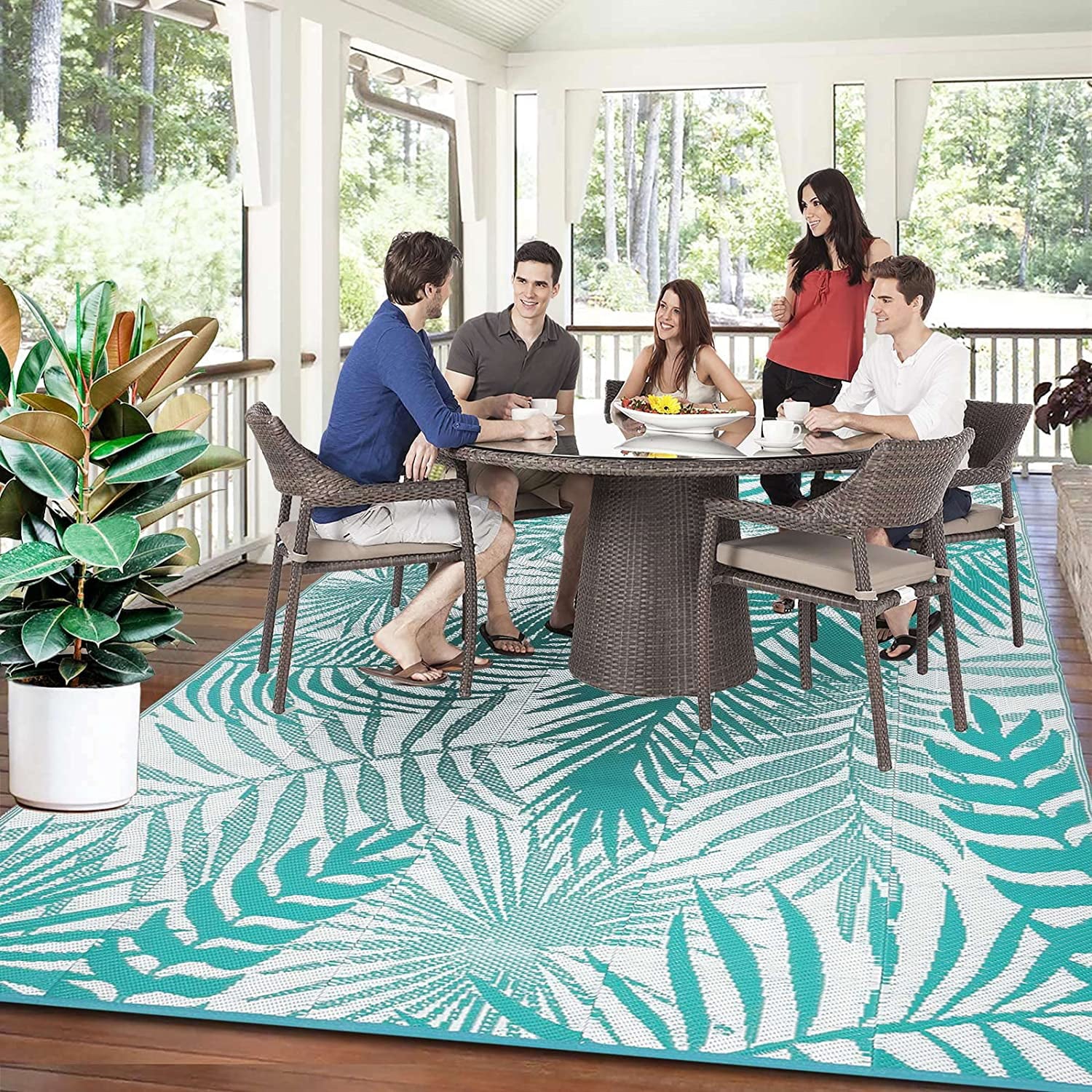 MeyJey High Quality Plastic Straw Reversible Outdoor Rugs Waterproof Leaf Carpet for RV, Patio, Deck, Camping 6' x 9' Teal