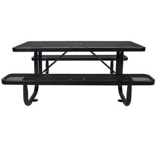 Afoxsos 6 ft. Black Rectangular Outdoor Steel Picnic Table Outdoor Dining Table with Umbrella Pole DJMX995