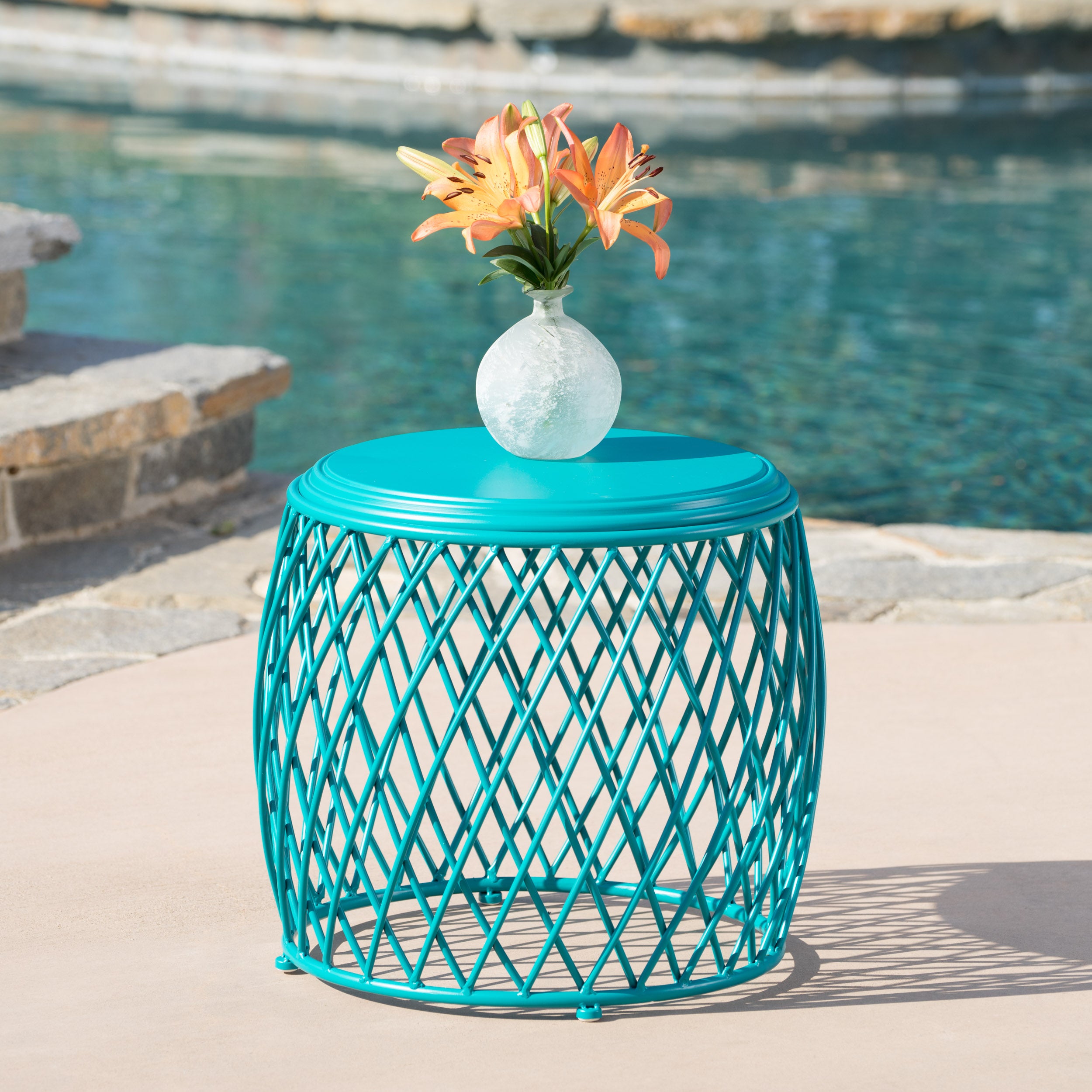 Jadien Outdoor 19 Inch Diameter Lattice Iron Side Table