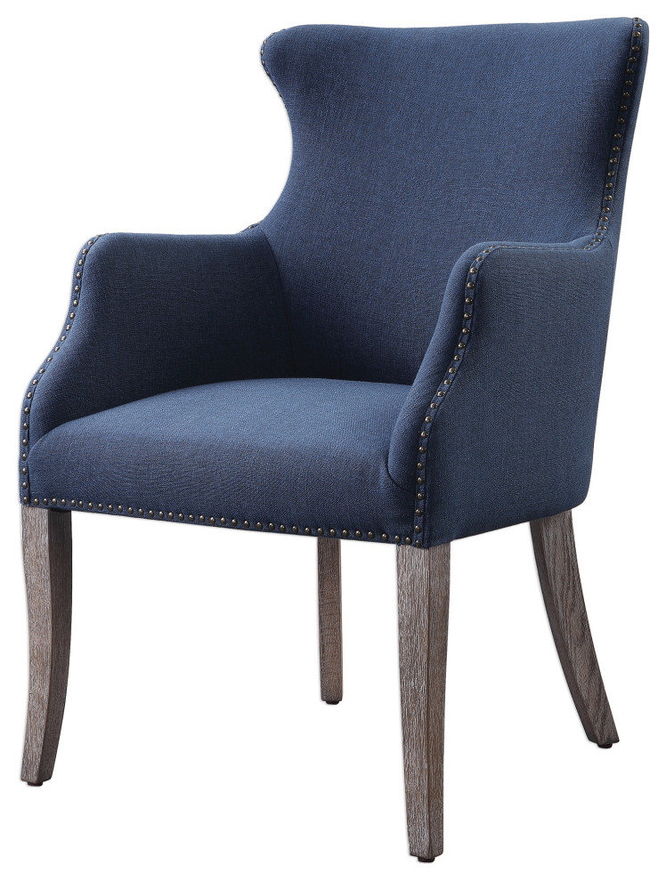 Luxe Dark Blue Denim Fabric Accent Chair Wing Arm Nailhead Trim Casual Bronze   Transitional   Armchairs And Accent Chairs   by My Swanky Home  Houzz