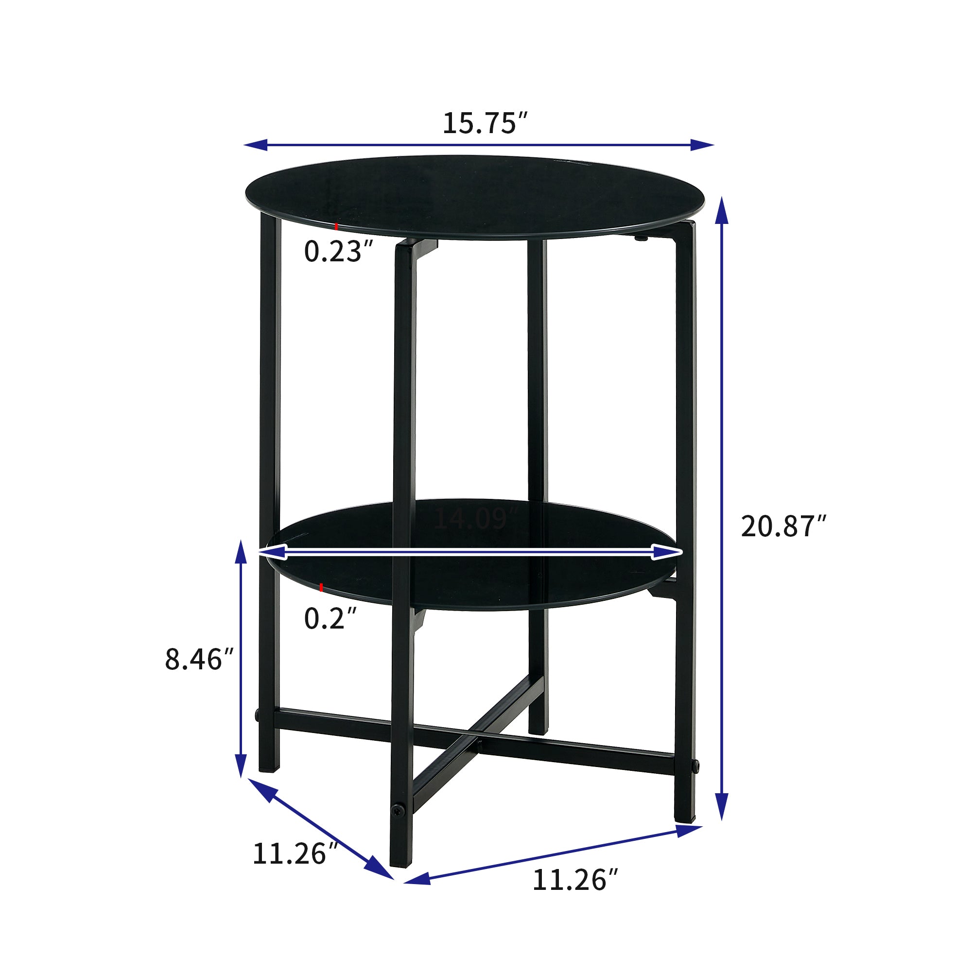 2- layer Tempered Glass End Table, Round Coffee Table for Bedroom Living Room Office (black)