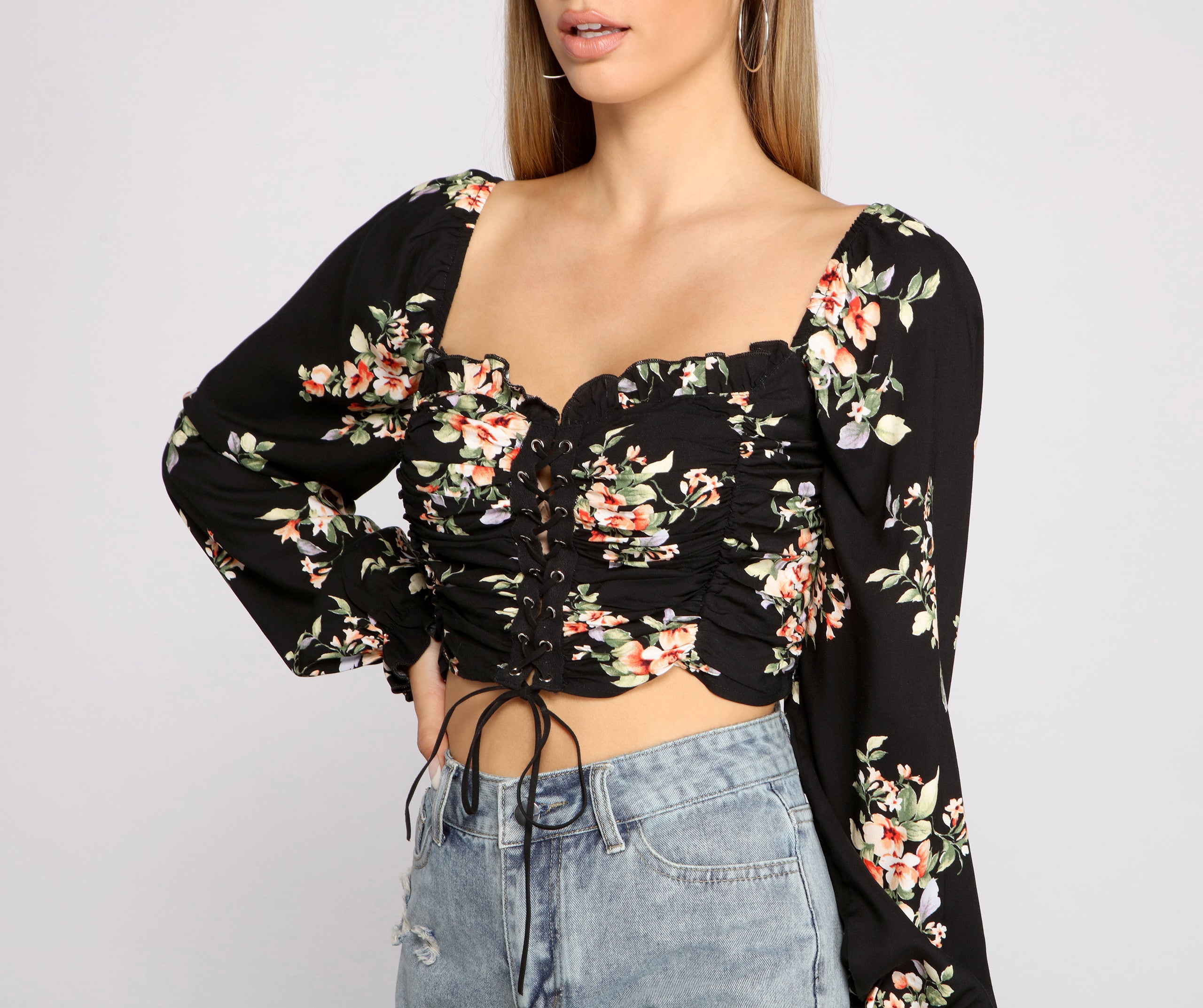 Floral Hour Lace-Up Crop Top