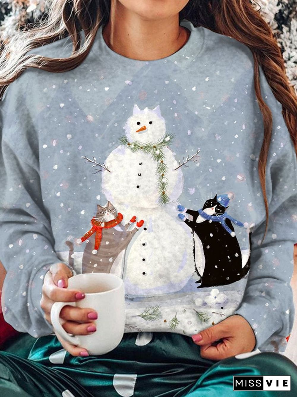 Women's Christmas Snowman and Cat Casual Sweatshirt