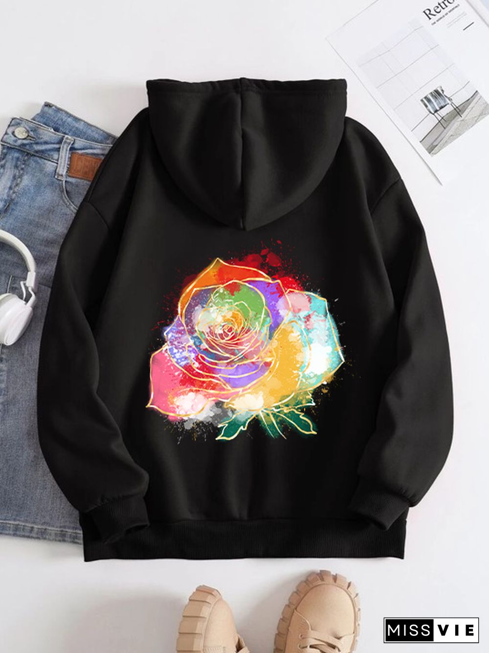 Printed on the Back Kangaroo Pocket Hoodie Long Sleeve for Women Pattern Coloful Rose