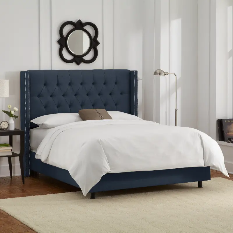 Abigail Navy Blue Diamond Tufted Wingback Queen Bed - Skyline Furniture