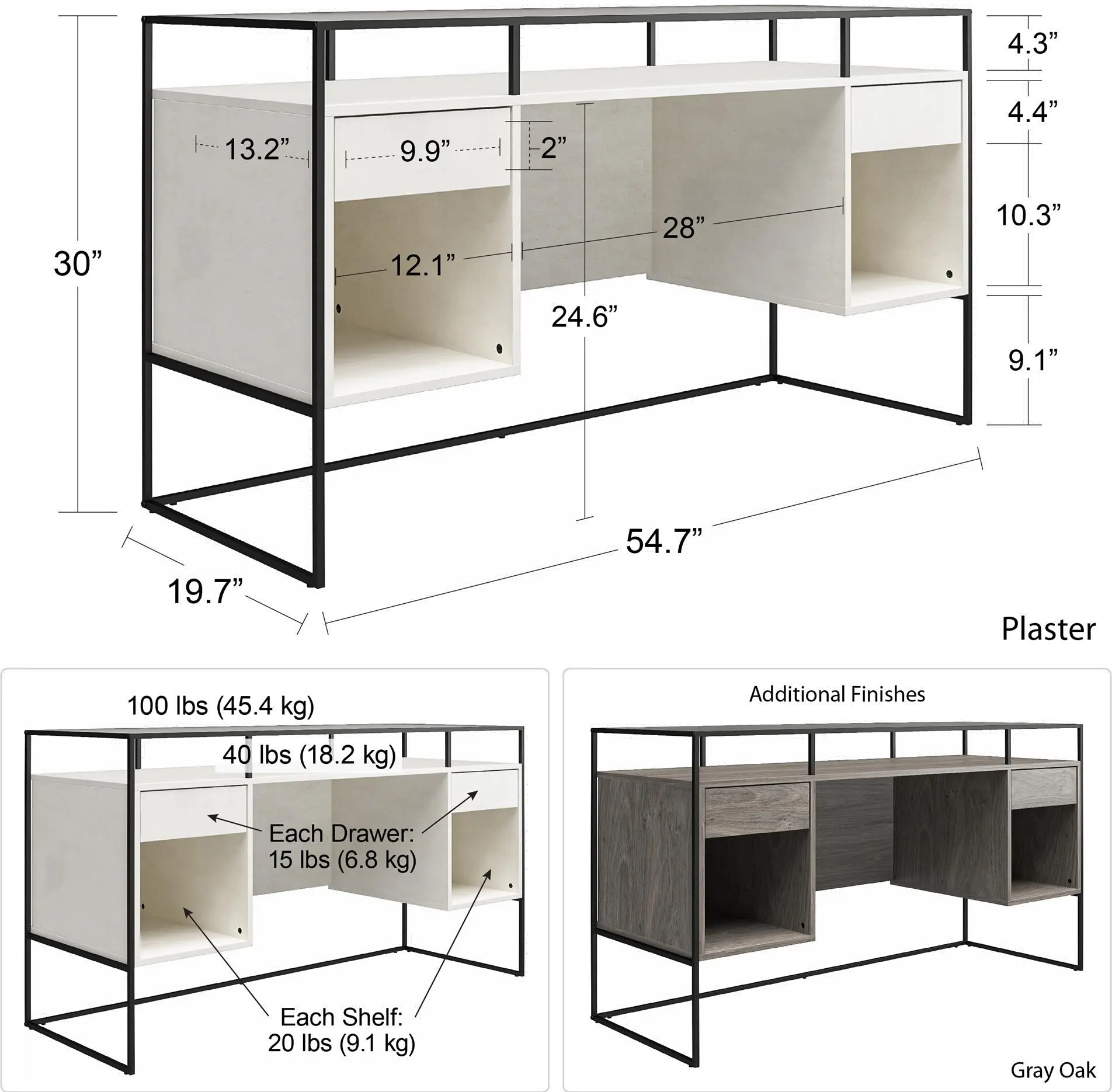 Camley White Storage Desk with 2 Drawers