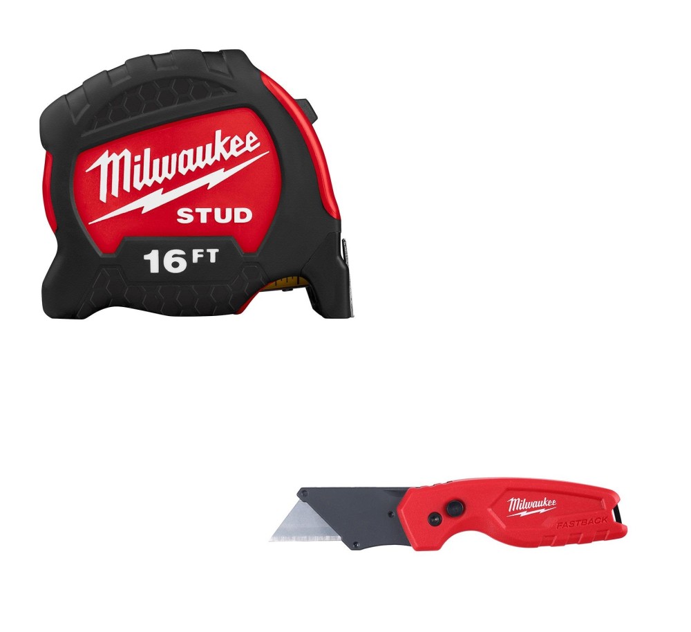 Milwaukee Gen II STUD Tape Measure 16' and FASTBACK Compact Folding Utility Knife Bundle