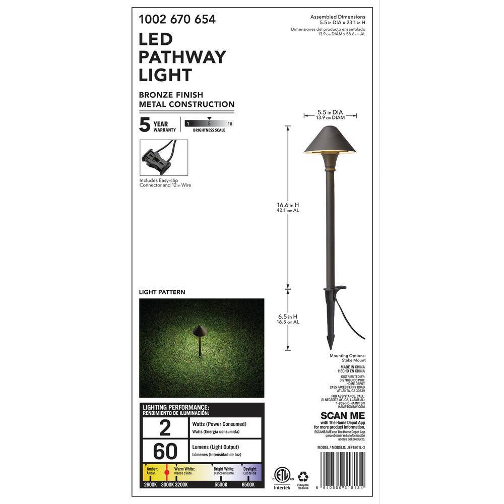 Hampton Bay Pelham 3-Watt Millennium Bronze Outdoor Integrated LED Landscape Path Light JEF1501L-3