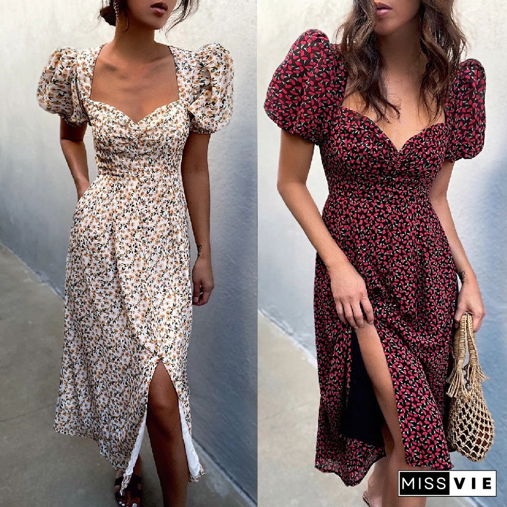 Women Clothing Summer Sexy Fashion Bubble Sleeve Floral Lace-up High Split Long Dress Vestdio Vintage Korean Elegant Party Dress