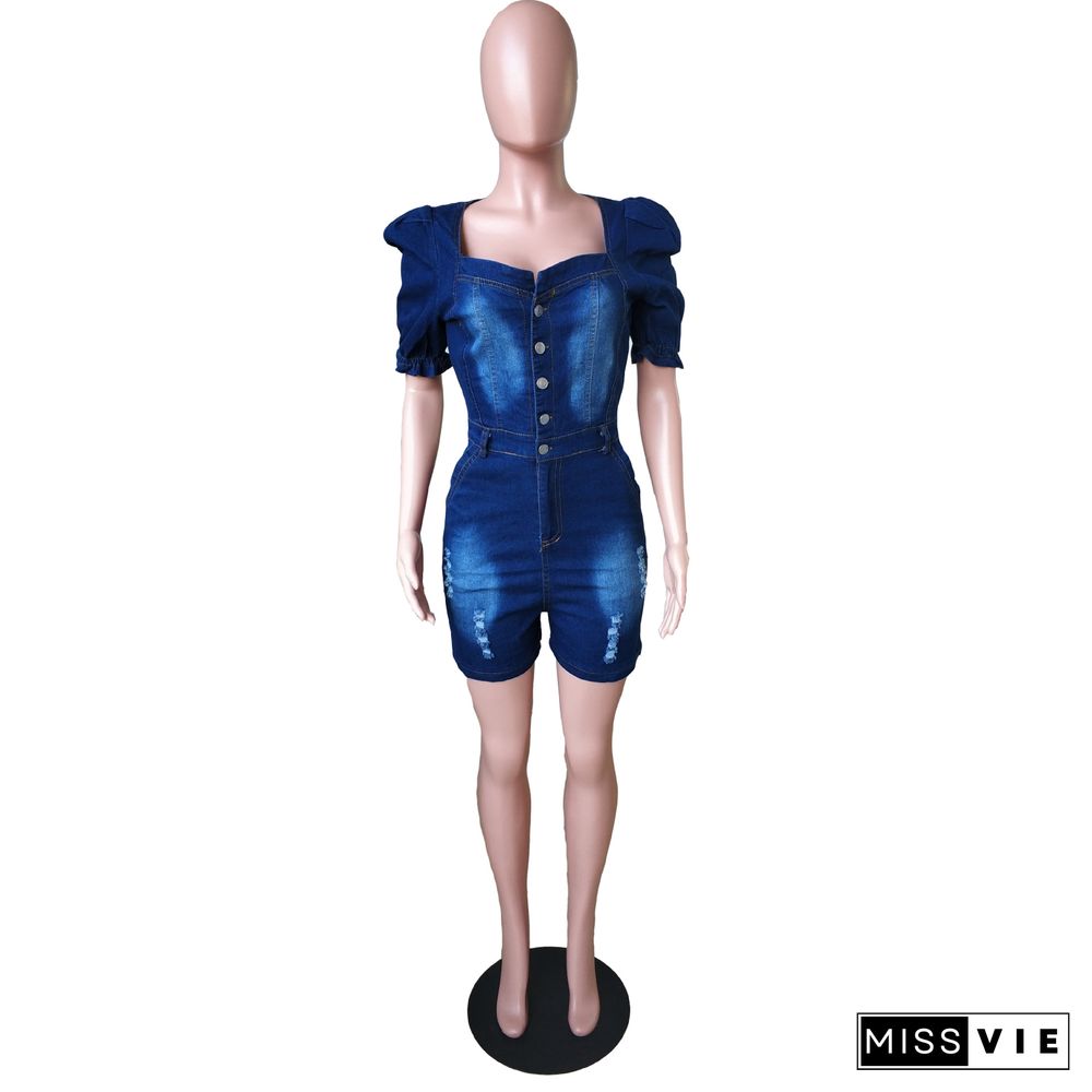 New Summer High Waist Slim Square Collar Short Sleeve Button Bodycon Women's Denim Romper