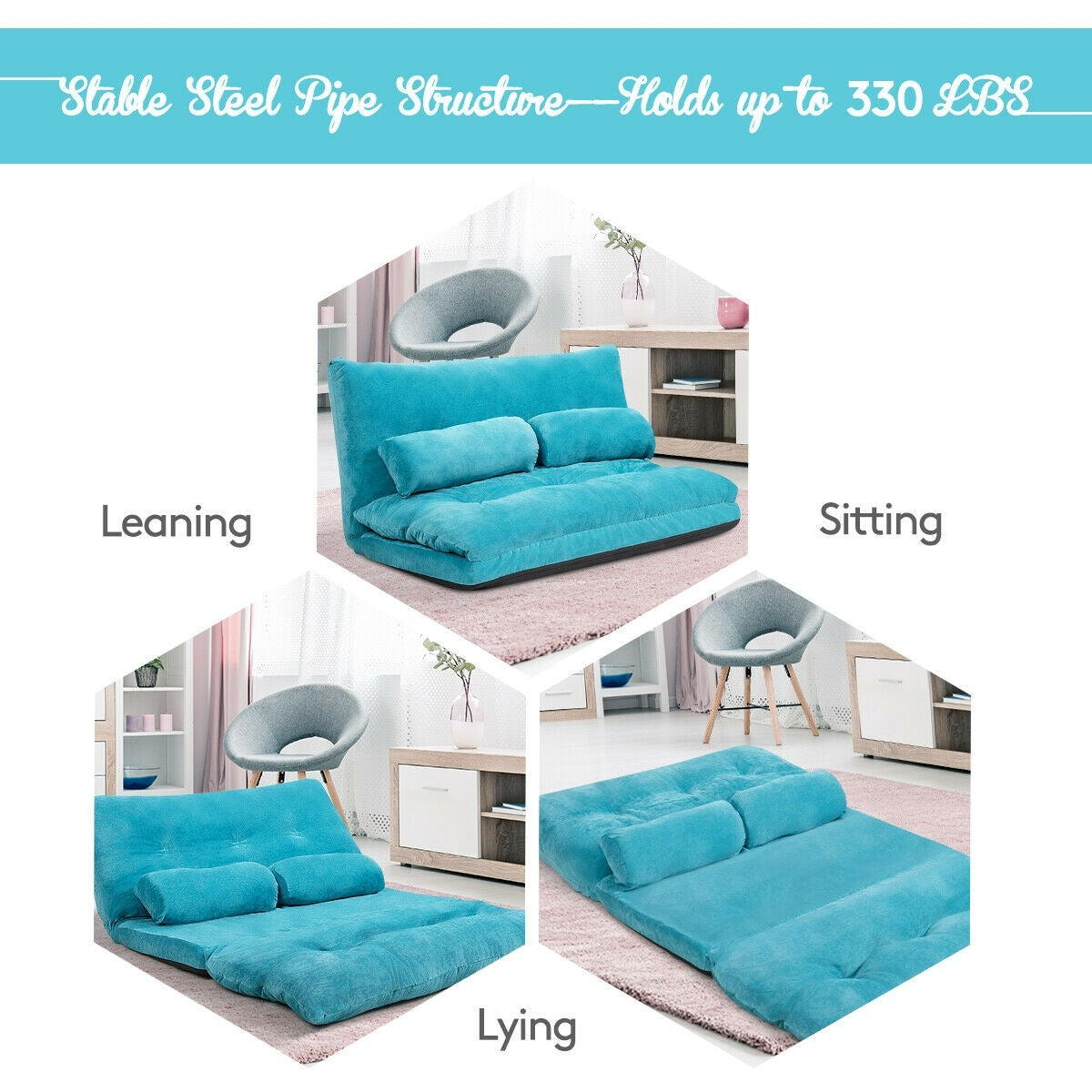 Adjustable Floor Sofa Couch with 2 Pillows, Multi-Functional 6-Position Foldable Lazy Sofa Sleeper Bed