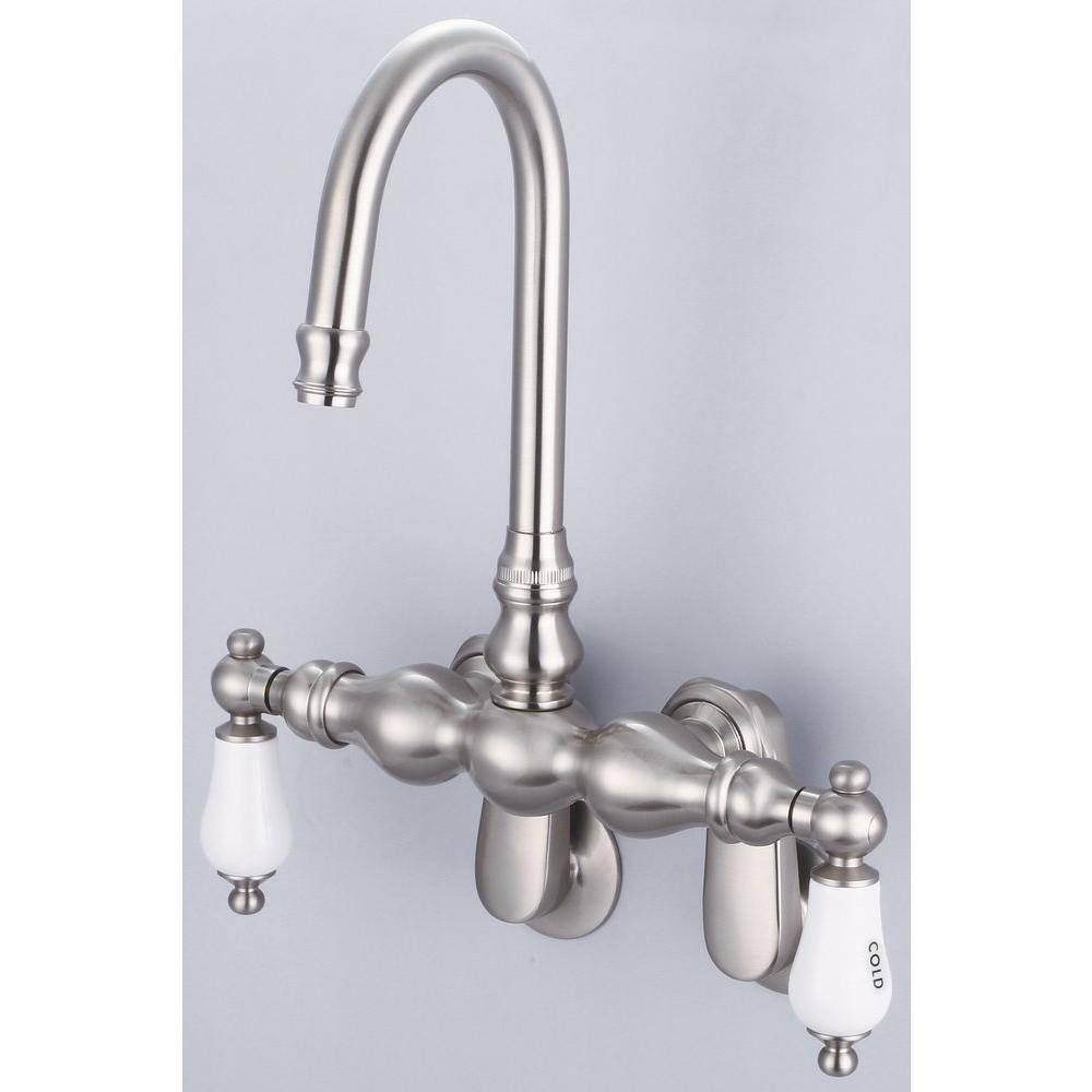 Water Creation 2-Handle Wall Mount Gooseneck Claw Foot Tub Faucet with Labeled Porcelain Lever Handles in Brushed Nickel F6-0015-02-CL