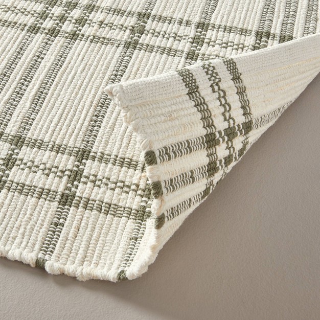 Tri stripe Plaid Handmade Woven Area Rug Green cream With Magnolia