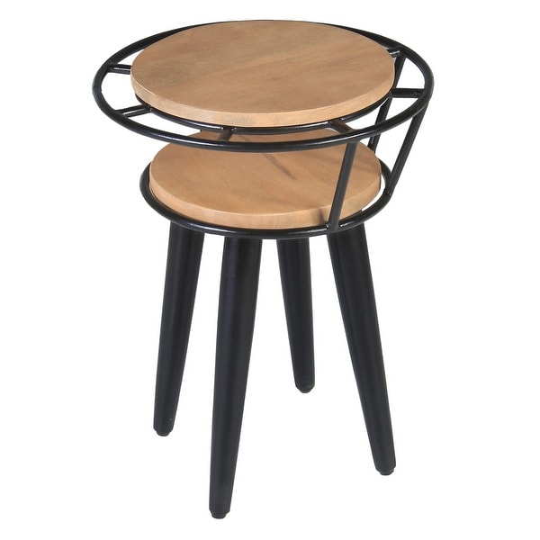 Industrial End Table with 2 Tier Round Wooden Shelving and Metal Frame， White Oak and Black